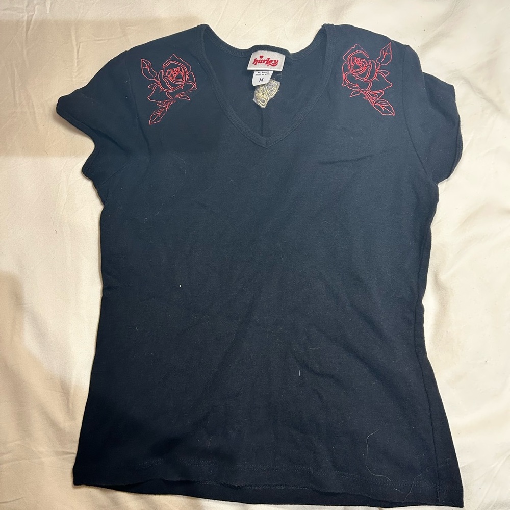 Wrangler Black Tee with Red Floral Embroidery